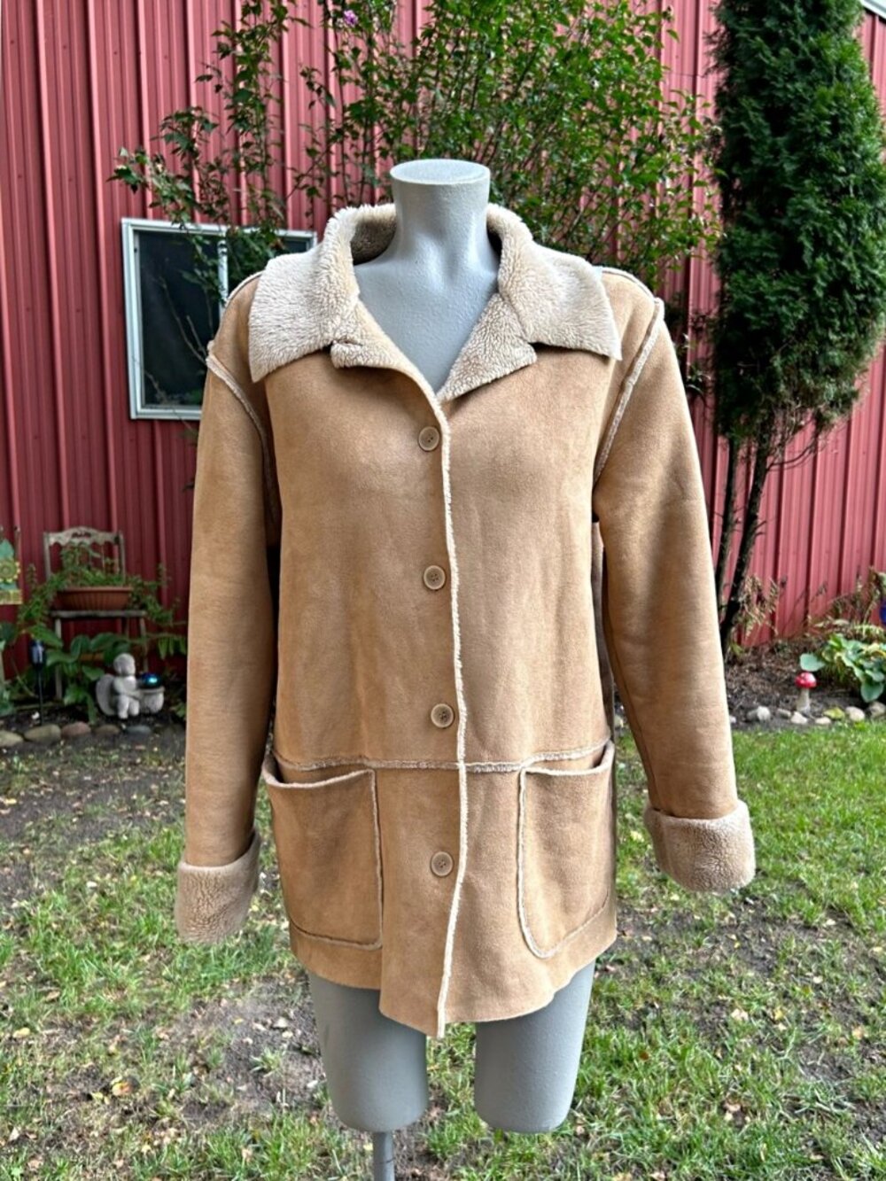Vintage Liz Claiborne Villager Sport Tan Faux Suede Sherpa Coat~S~